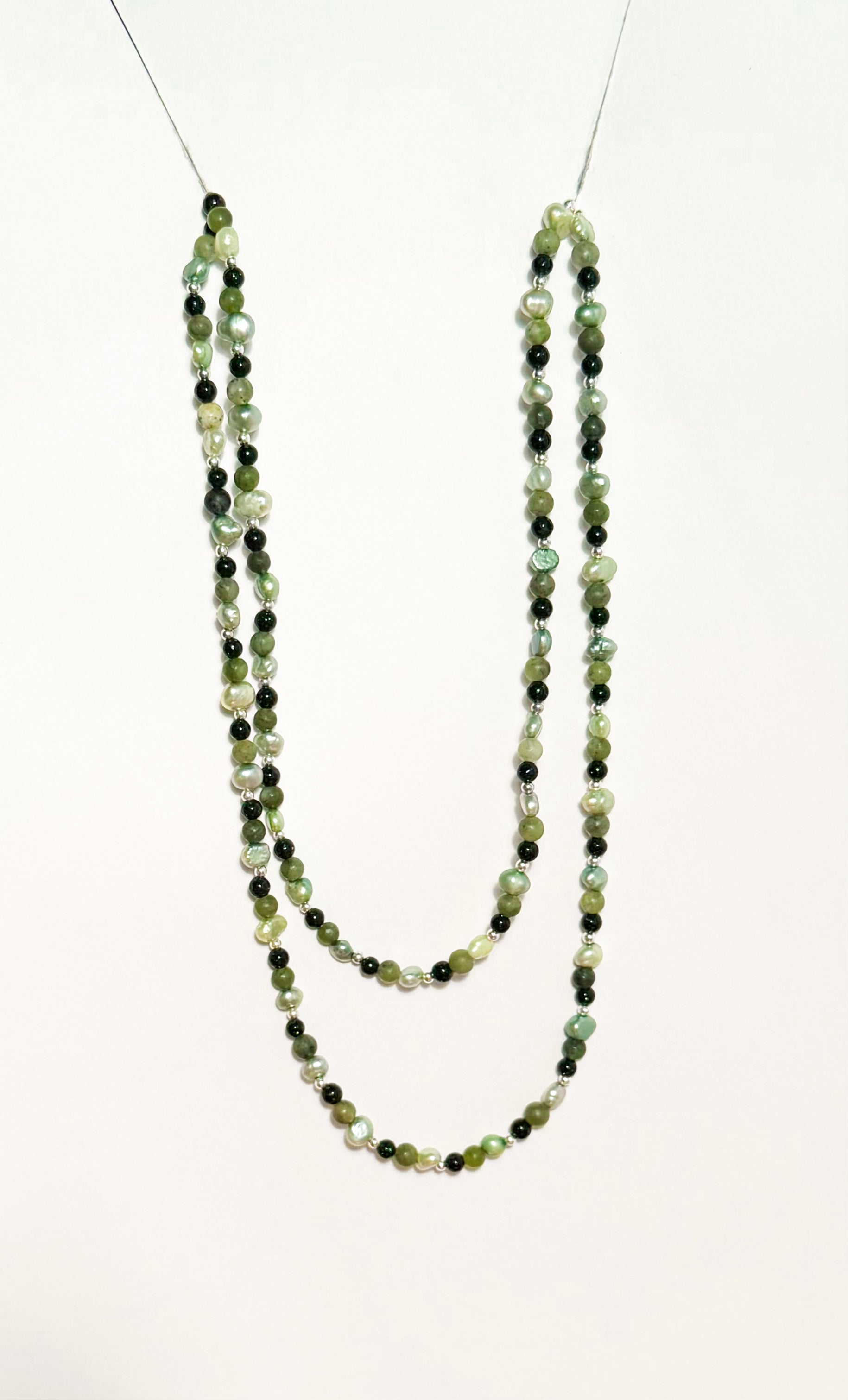 Handmade Long Necklace with Various Green Stones