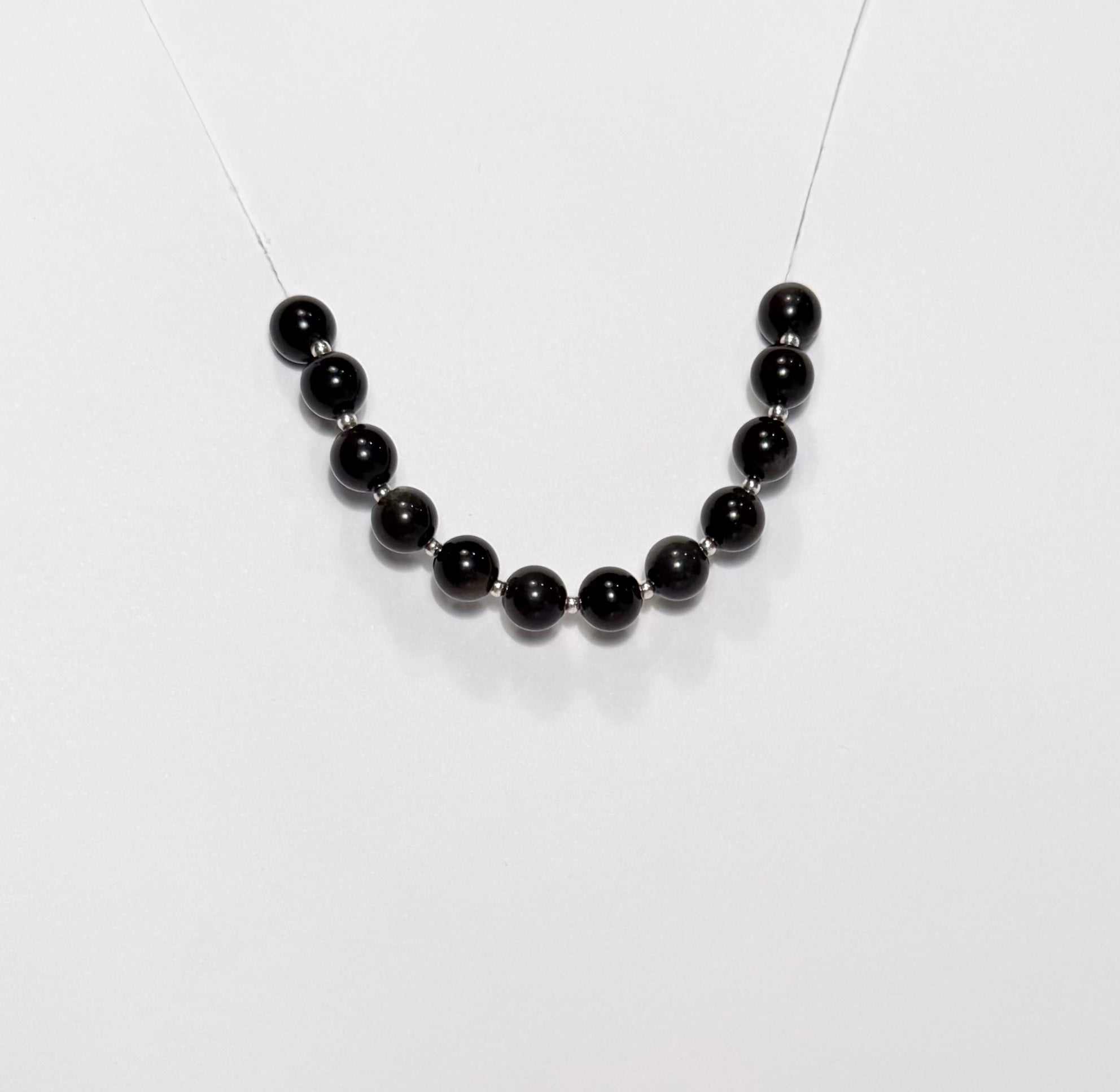 Handmade Natural Silver Obsidian Bracelet with Sterling Silver Beads