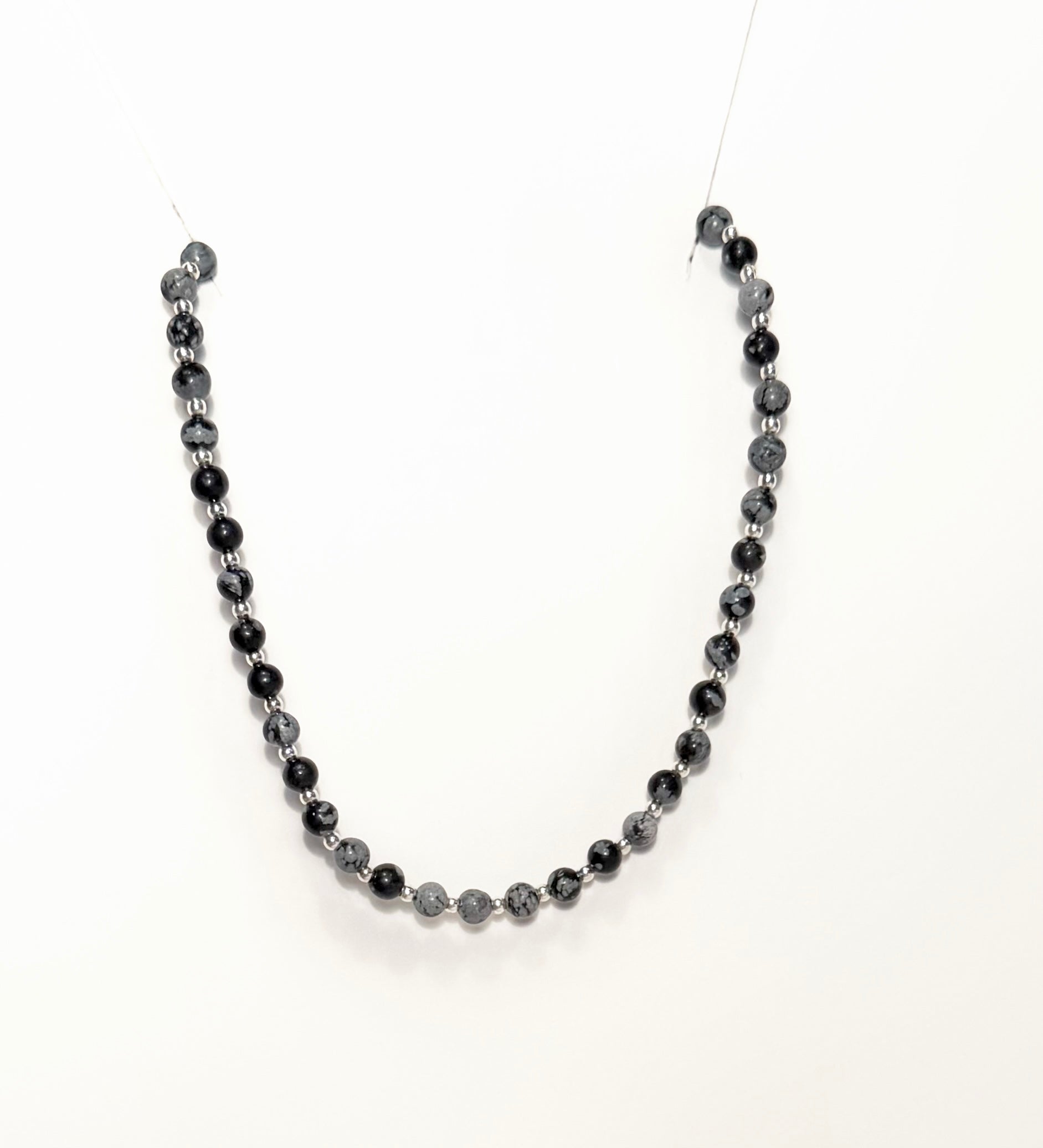 Handmade Natural Snowflake Obsidian Necklace with Sterling Silver Beads
