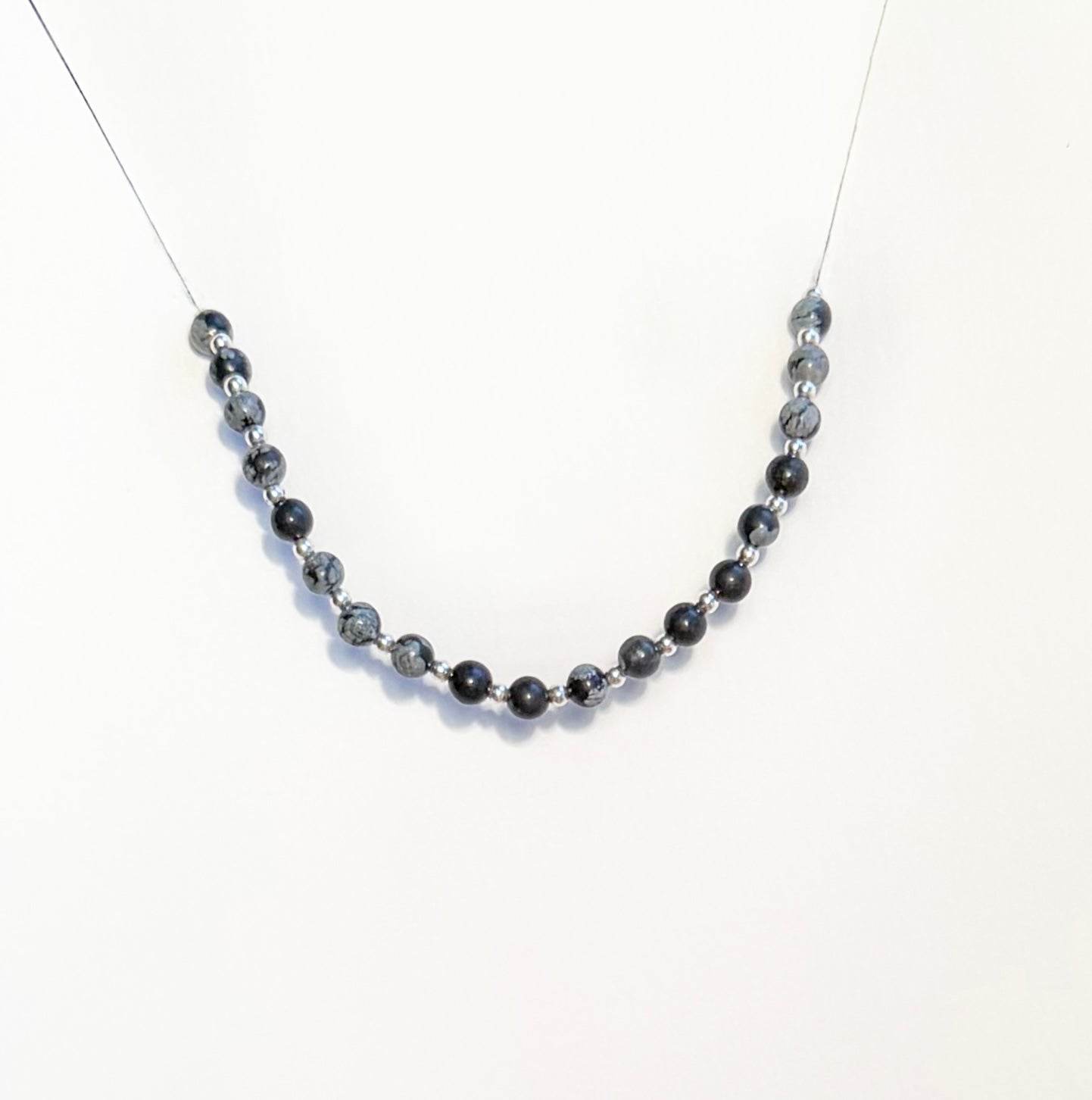 Handmade Natural Snowflake Obsidian Bracelet with Sterling Silver Beads