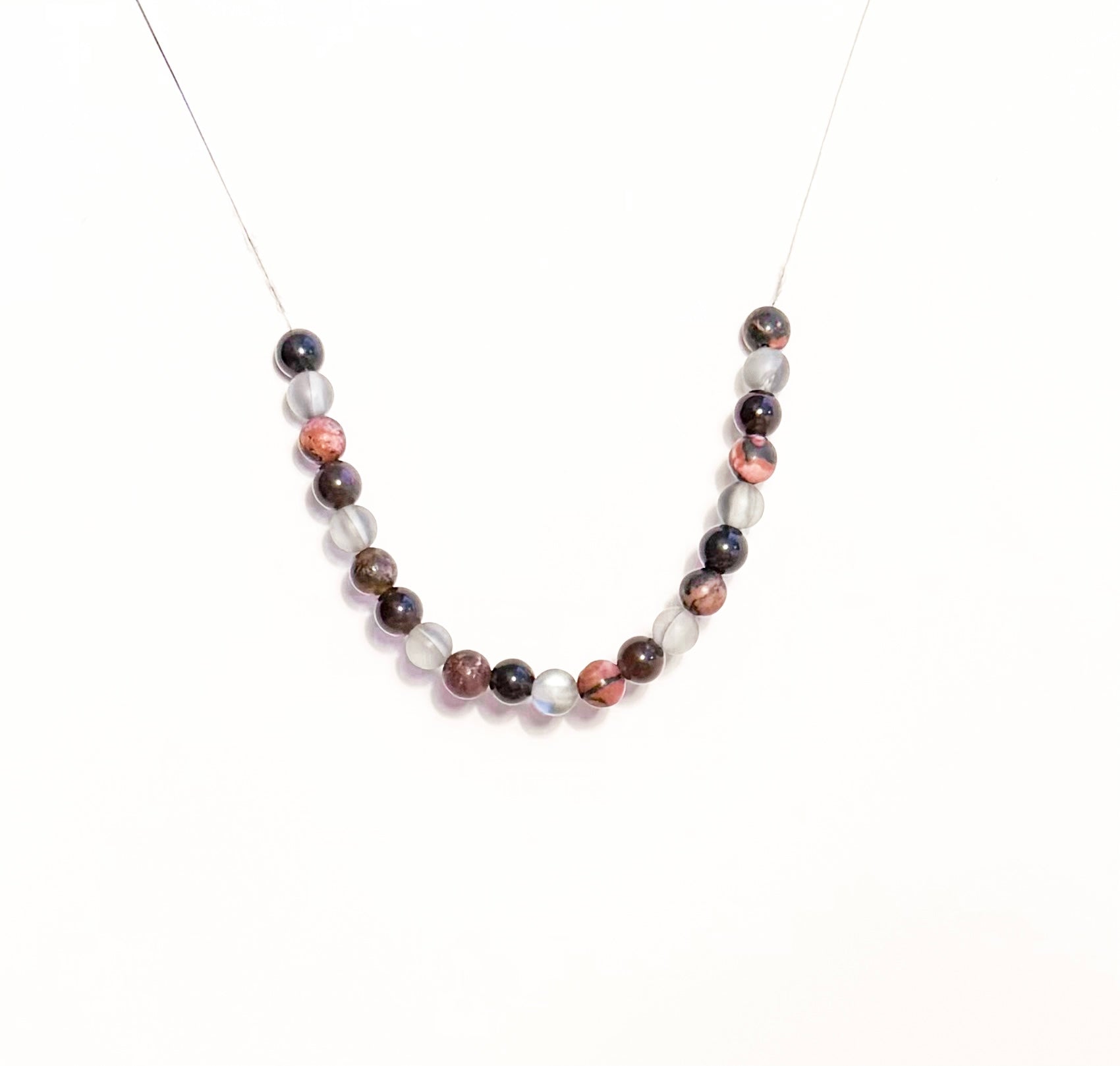 Handmade Natural Rhodonite Bracelet with Natural Silver Obsidian and Plated Glass