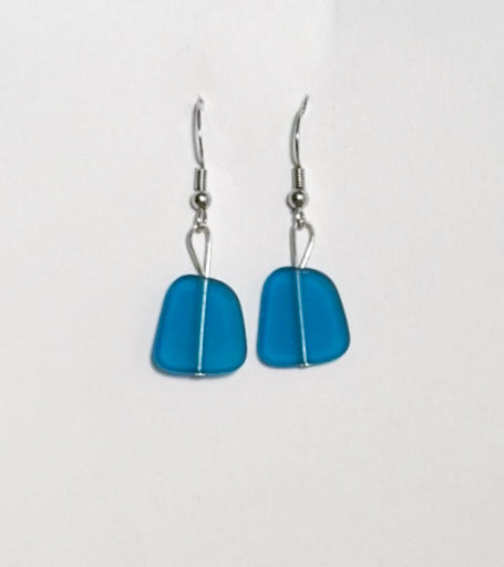 Handmade Natural Dark Blue Sea Glass Earrings with Nickel-Free Sterling Silver