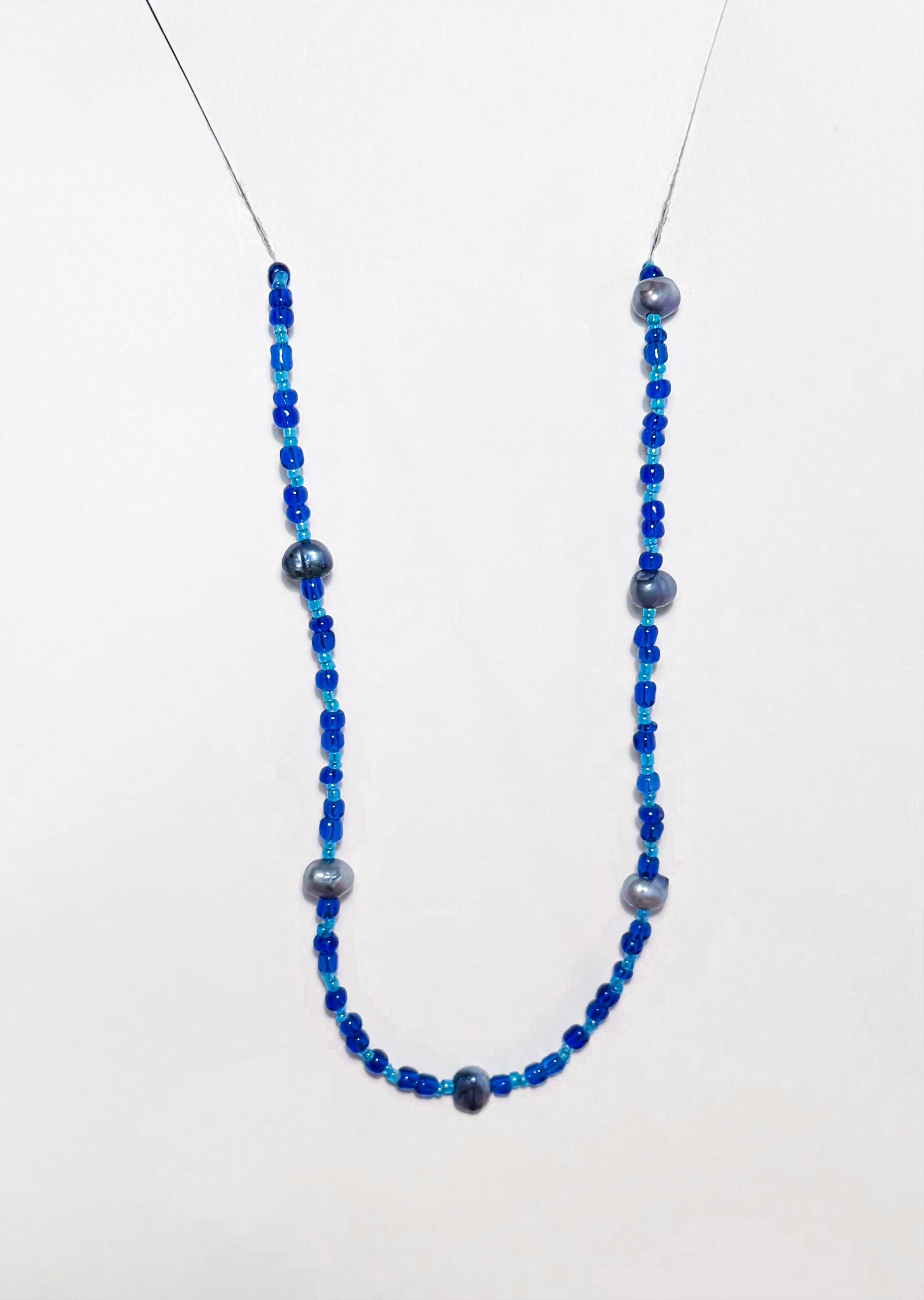 Handmade Long Blue Necklace with Dyed Pearls and Glass